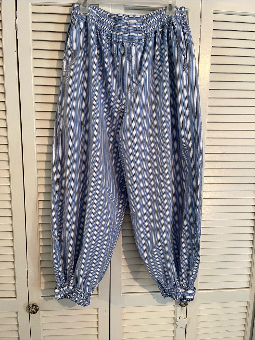 Blue Striped Women's Elastic Waist Harem Pants